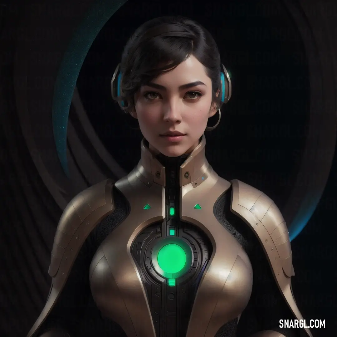 Woman in a futuristic suit with headphones on her ears and a green light on her chest. Color Spring green.