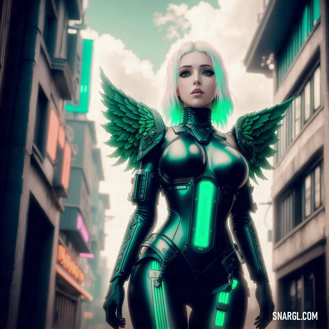 Woman in a futuristic suit with wings on her chest and a city street in the background with buildings