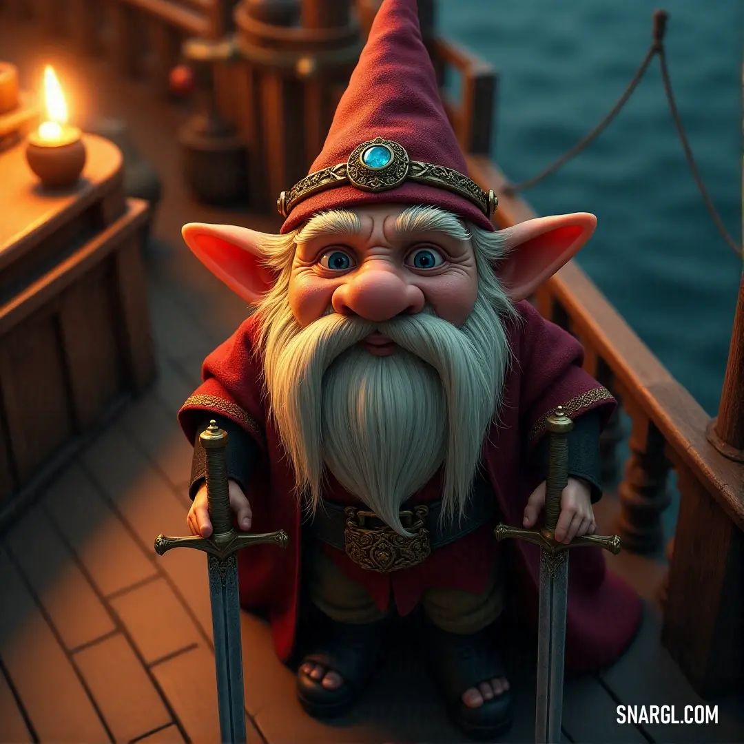 Sprocket, dressed in a striking costume, stands on the deck of a boat, his sword drawn and ready for action. Behind him, the flicker of a candle casts a soft light on the weathered wood, adding an element of adventure to the otherwise serene setting.
