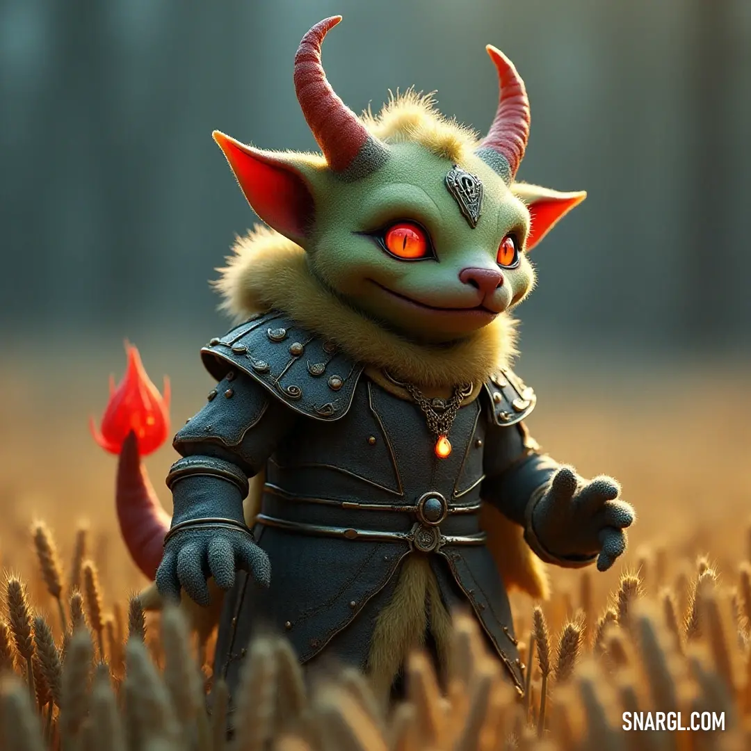 A striking sprout with red eyes and horns in a wheat field, emanating strength amidst nature's beauty. A bold sprout with piercing red eyes and prominent horns stands proudly in a golden wheat field, showcasing its striking presence against the idyllic backdrop, embodying strength and confidence in a sea of gentle waves.