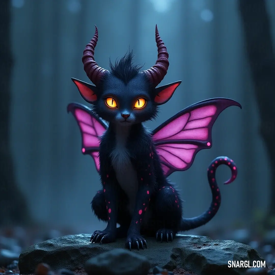 A haunting black creature with bright red eyes, resting on a rock in the woods, radiating an eerie glow under an elusive light. A striking black creature with glowing red eyes, perched on a rock enveloped by the eerie stillness of the woods, illuminated by a mysterious, ethereal light cast upon its fearsome visage.