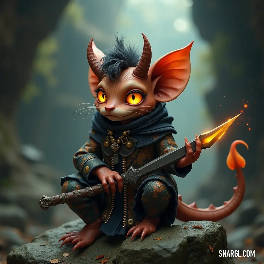 A dark warrior in a demonic outfit, brandishing a sword on a mossy rock, surrounded by the rustic beauty of a shadowy forest. A formidable character clad in a dark, demonic ensemble, wielding a prominent sword while perched on a moss-covered rock, surrounded by leaves and the shadows of ancient trees.