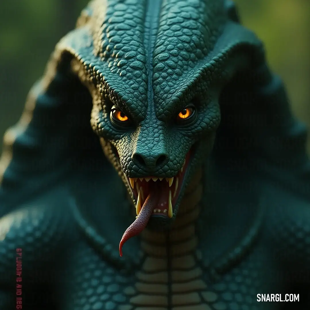 This intense close-up showcases Sshar, revealing its enchanted yellow eyes and striking green body, poised to share the secrets of its magical world. A close-up of Sshar reveals its captivating features: glowing yellow eyes, an open mouth ready to speak secrets, and a vibrant green body that sparkles with mystical allure and untold tales.