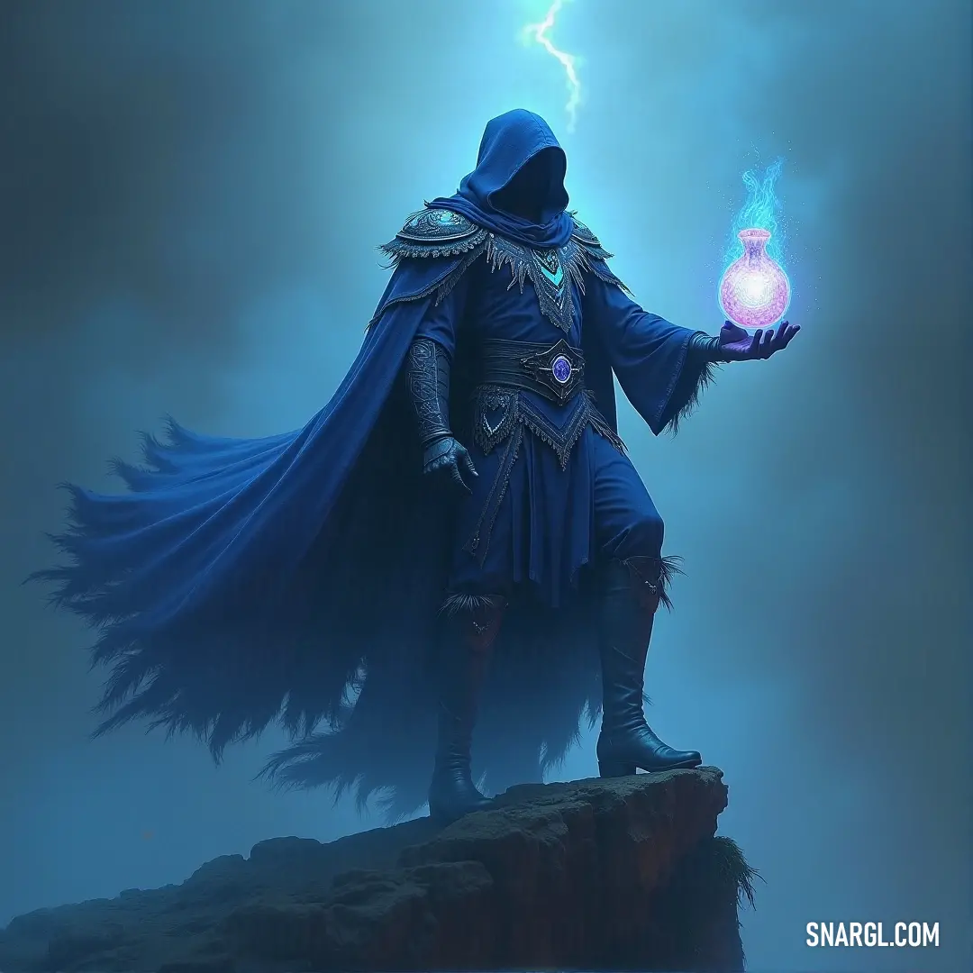 A mysterious figure in blue robes stands on a jagged rock amidst a swirling fog, holding a glowing orb that lights up the darkness. The ethereal blue aura around him makes him appear as a guardian of the unknown.