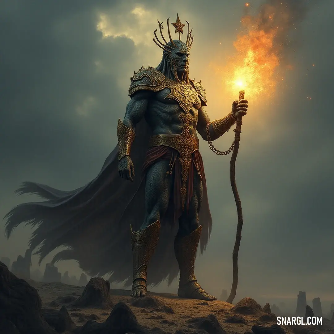 Regal Star Sorcerer bearing a staff and flame, set against a star-studded celestial sky. A divine Star Sorcerer, regal in appearance, grasps a glittering staff and a flickering flame, standing tall beneath a vast sky filled with endless stars that illuminate the mysteries of the universe.