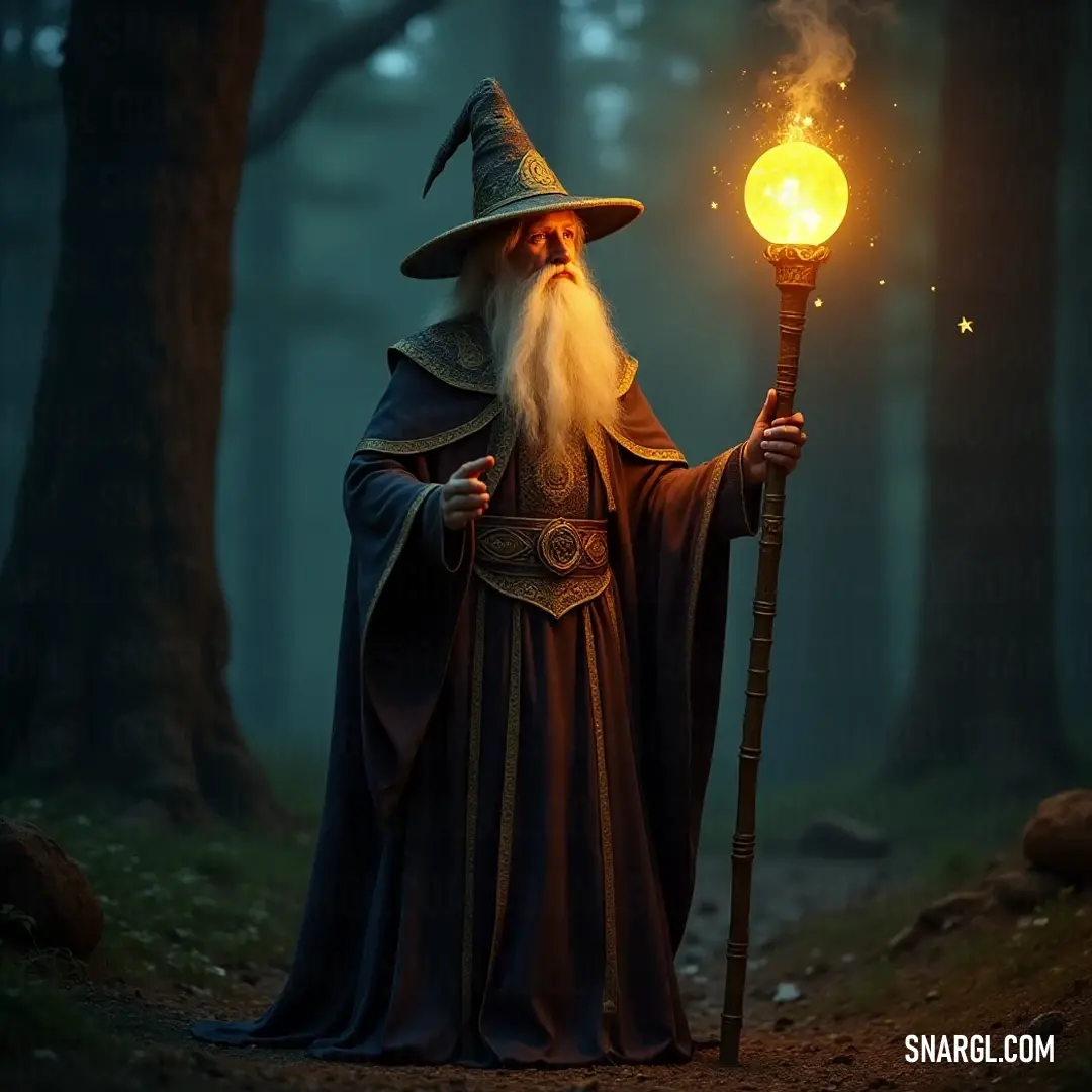 A wizard holds a luminous orb in a dark forest, encircled by enchanting shadows and tales of magic waiting to unfold. A wise wizard stands in a shadowy forest at night, gripping a glowing orb that bathes the surroundings in a mysterious light, while his staff hints at ancient knowledge and untold stories.
