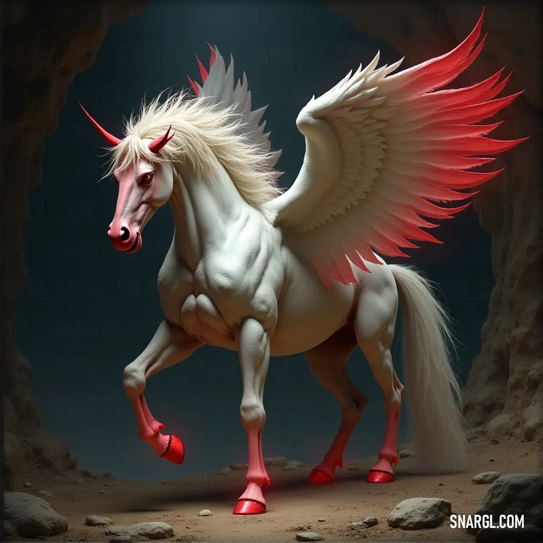 A figure with fiery red wings and a striking red shoe stands in a cave, its wings spread wide and its presence commanding as it looks over the rocky surroundings. A winged figure with vibrant red wings and a single red shoe stands in a rocky cave, its stance strong and determined as it surveys the surrounding terrain.