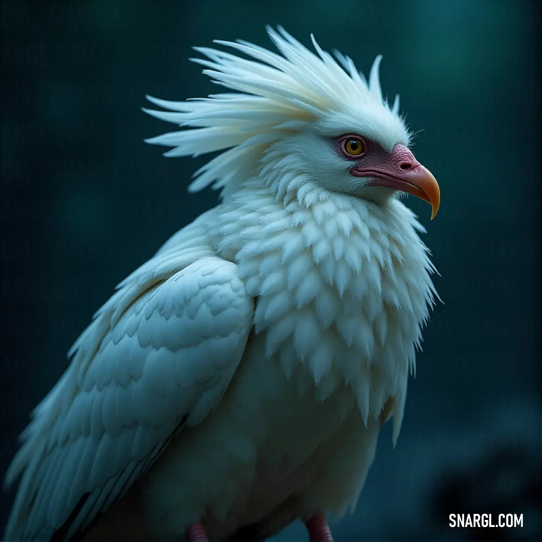 A White Starbright bird with a striking red beak and long flowing white feathers, standing gracefully. Its yellow eye gleams with intelligence, complementing the vibrant red of its beak, while its delicate form radiates an aura of mystery.