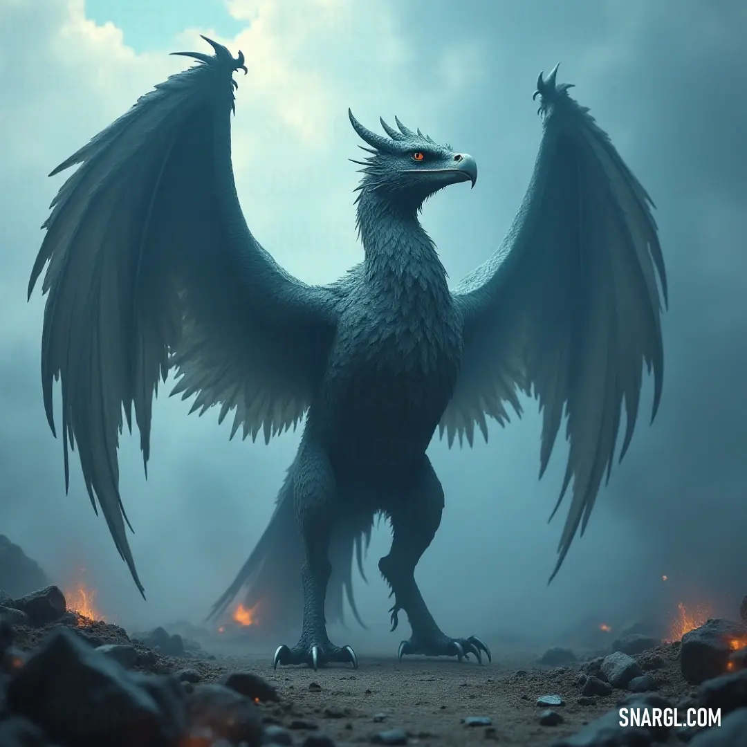 Starclaw with wings outstretched, standing in a rocky area with flames in the distance, an imposing figure of power. A giant Starclaw stands proudly on a rocky terrain, wings spread wide as flames flicker in the background. The creature's massive form casts an imposing shadow across the jagged landscape, ready to face any challenge.