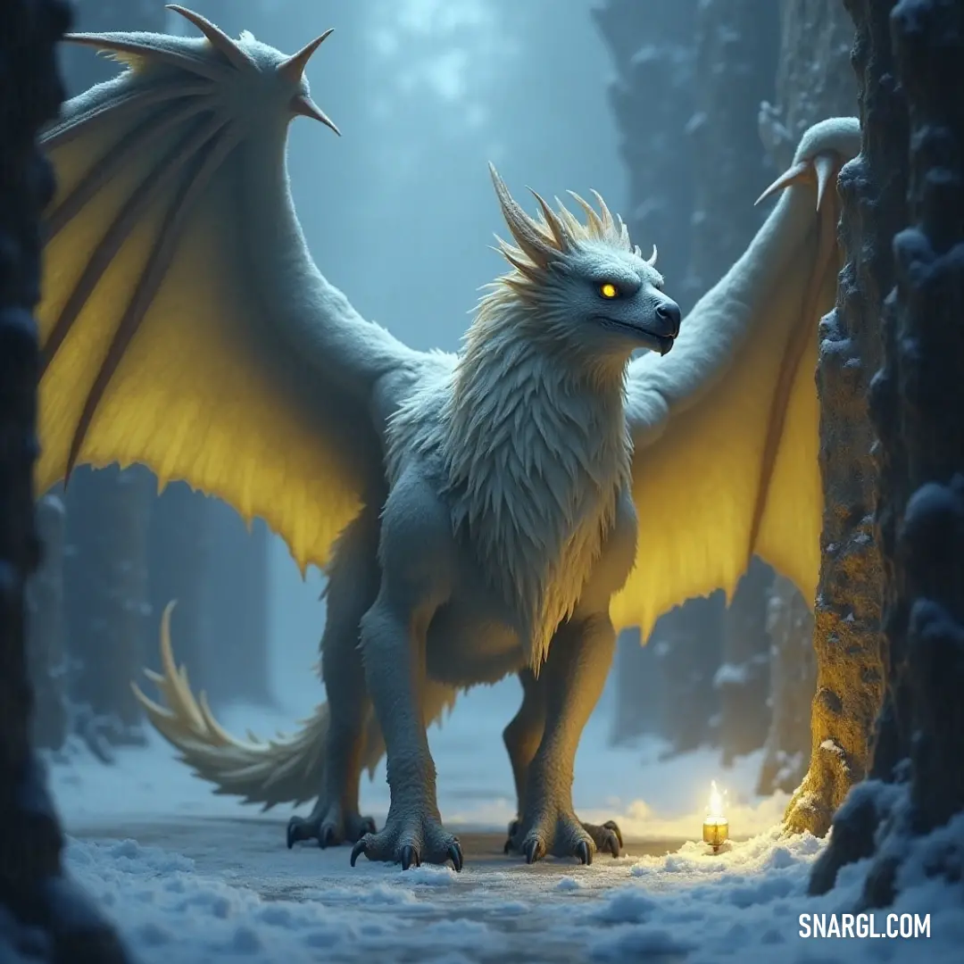 A stunning White Starclaw with glimmering yellow eyes stands poised in a snowy forest, proudly clutching a candle in its mouth while its wings are gracefully outstretched, illuminating the serene winter scene.