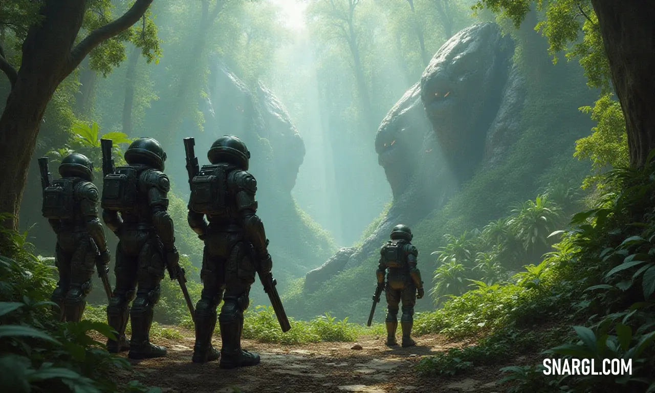 A heroic group clad in intricate armor, standing resolutely amidst a mystical forest, illuminated by the majestic presence of a giant Starfire looming in the background, creating an atmosphere of enchanted adventure.