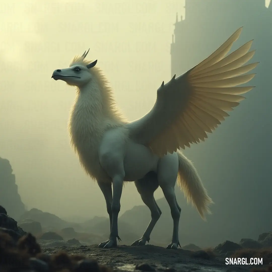 The white Starflame, with wings outstretched, stands atop a rocky hill, a castle shrouded in fog in the distance, embodying both grace and mystery. A majestic white Starflame stands on a rocky hill, wings spread wide, in front of an ancient castle looming in the foggy sky, creating a scene of mystical power and ancient history.