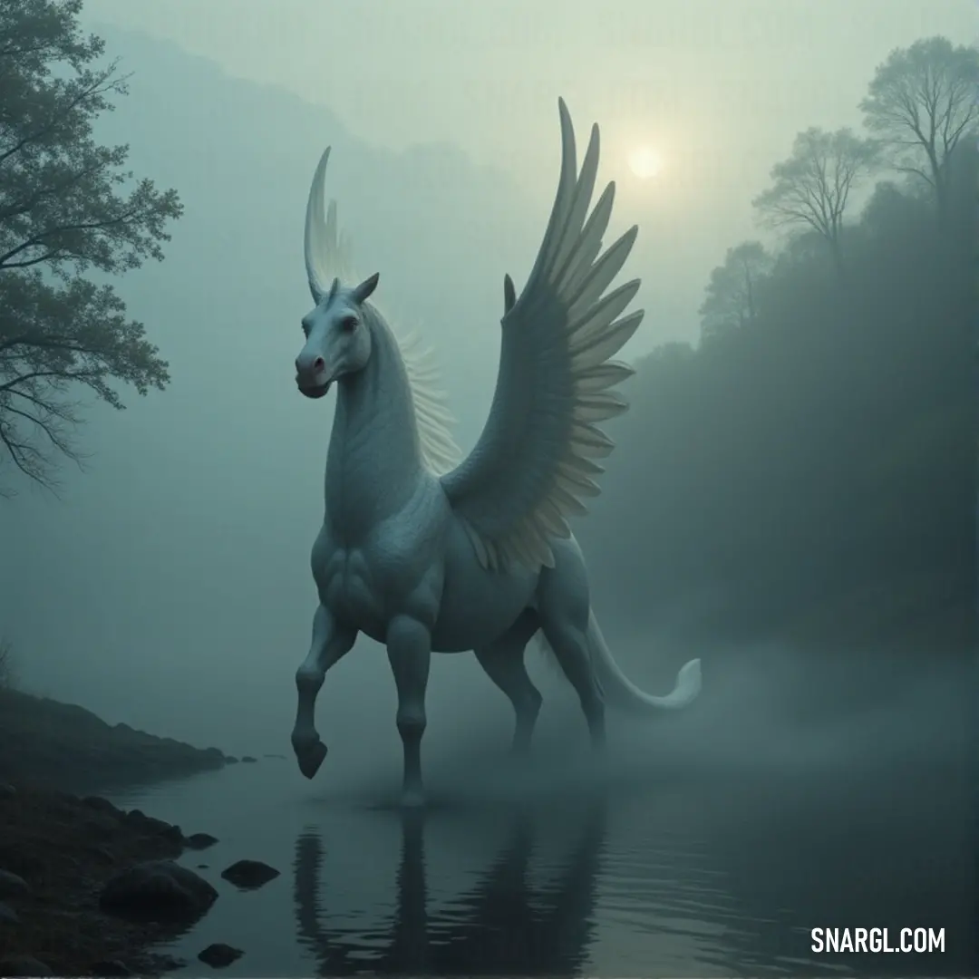 A White Starflame with glowing wings stands in a peaceful water setting, surrounded by ancient trees, exuding an aura of calm and strength. A majestic White Starflame with glowing wings stands knee-deep in tranquil water, the ripples gently distorting its reflection. Towering trees loom in the background, casting dappled shadows over the serene scene.