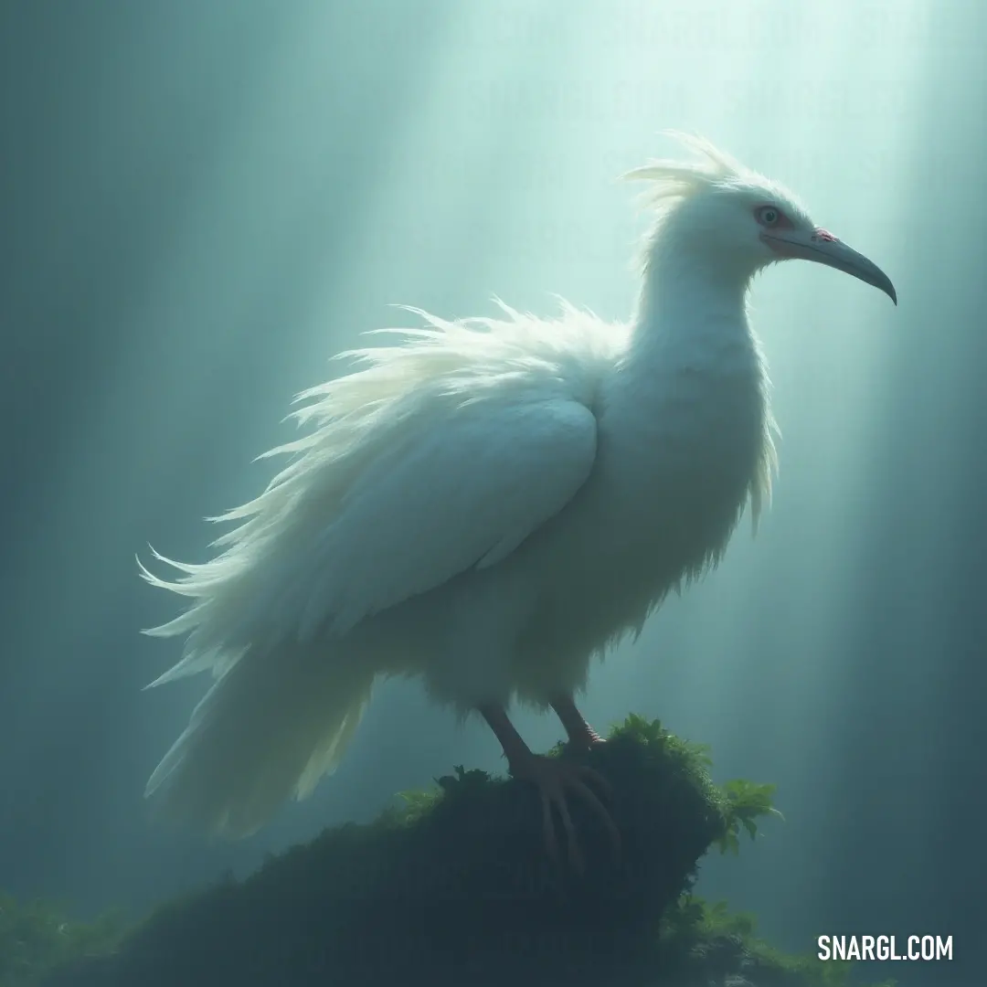 Behold the stunning White Starflare, adorned with long, shimmering feathers, perched gracefully on a rock while sunlight breaks through the water, casting a mystical glow around this breathtaking creature. The White Starflare, with its long feathers glistening in the sunlight, stands tall on a rock, creating a captivating scene enhanced by shimmering rays filtering through the water behind, adding to its magical allure.