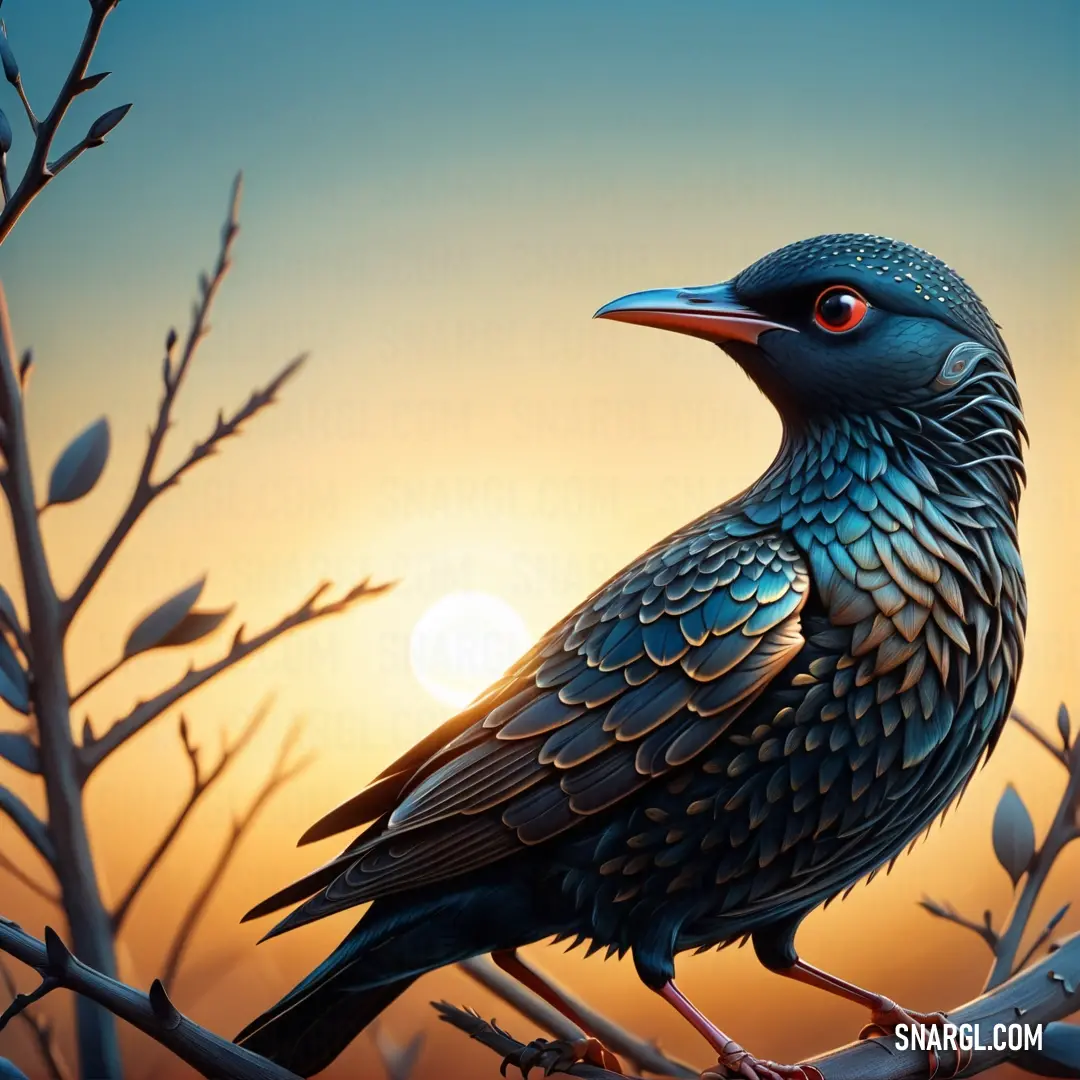 A starling perched gracefully on a branch, with the sun setting in the background, casting a golden glow that illuminates the bird’s feathers and creates a serene atmosphere.