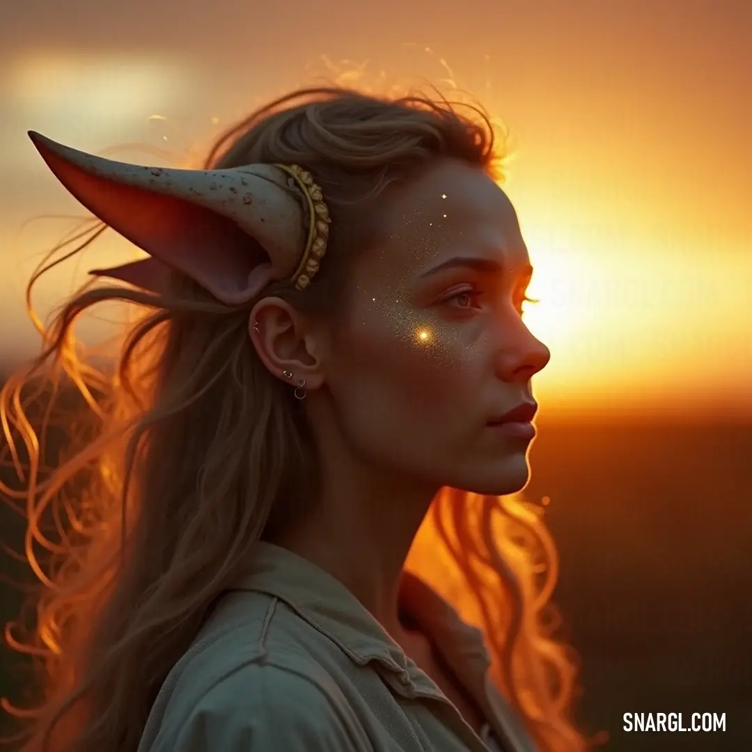 A powerful stargazer with horns, bathed in the radiant light of a spectacular sun. A stargazer with majestic horns stands mightily, basking in the warm embrace of a radiant sun illuminating her fierce figure.