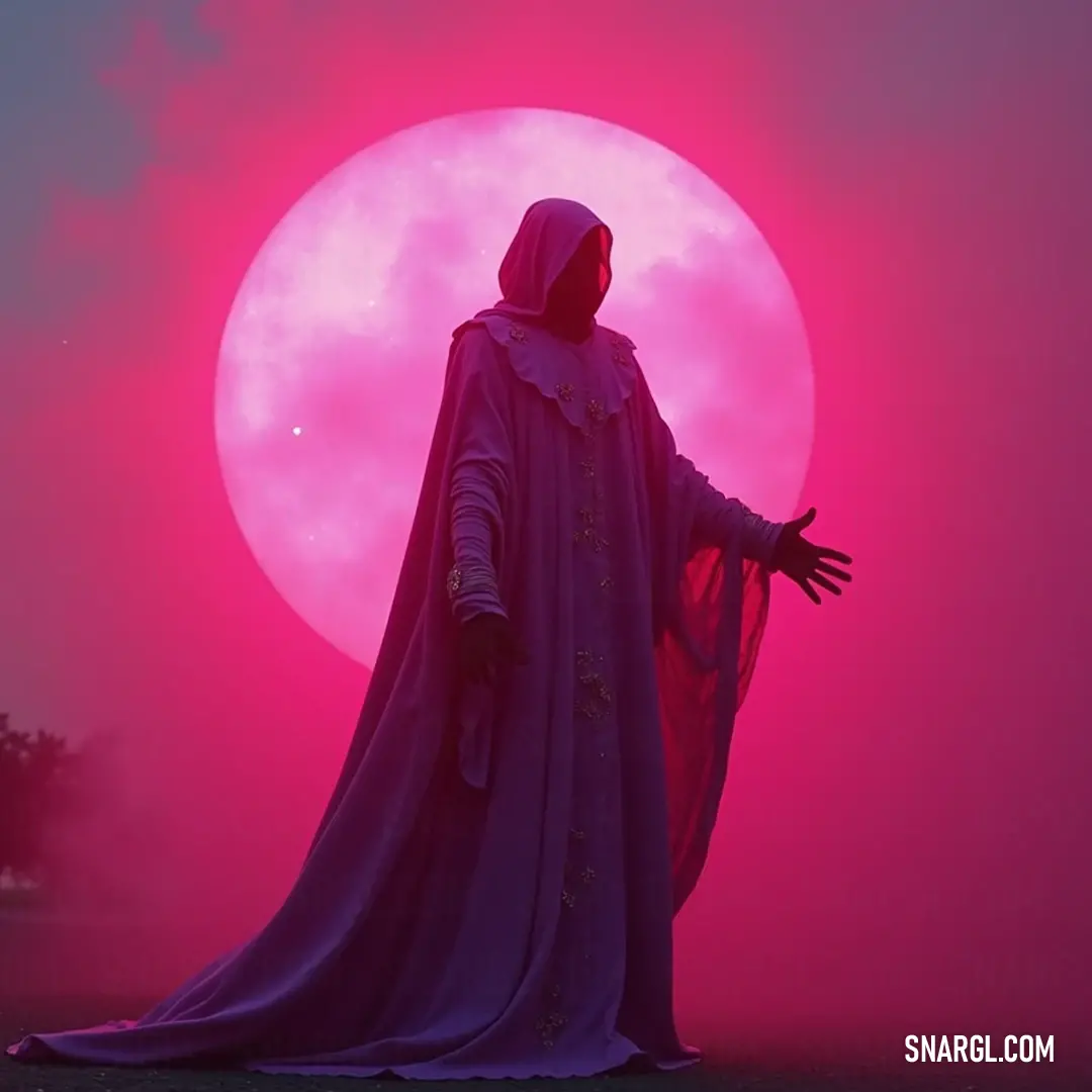 An enigmatic stargazer in a flowing purple robe, contemplating a surreal pink sun in a captivating horizon. A stargazer draped in a flowing purple robe, exuding an air of mystery as she gazes up at a fantastical pink sun amidst a dreamlike landscape.