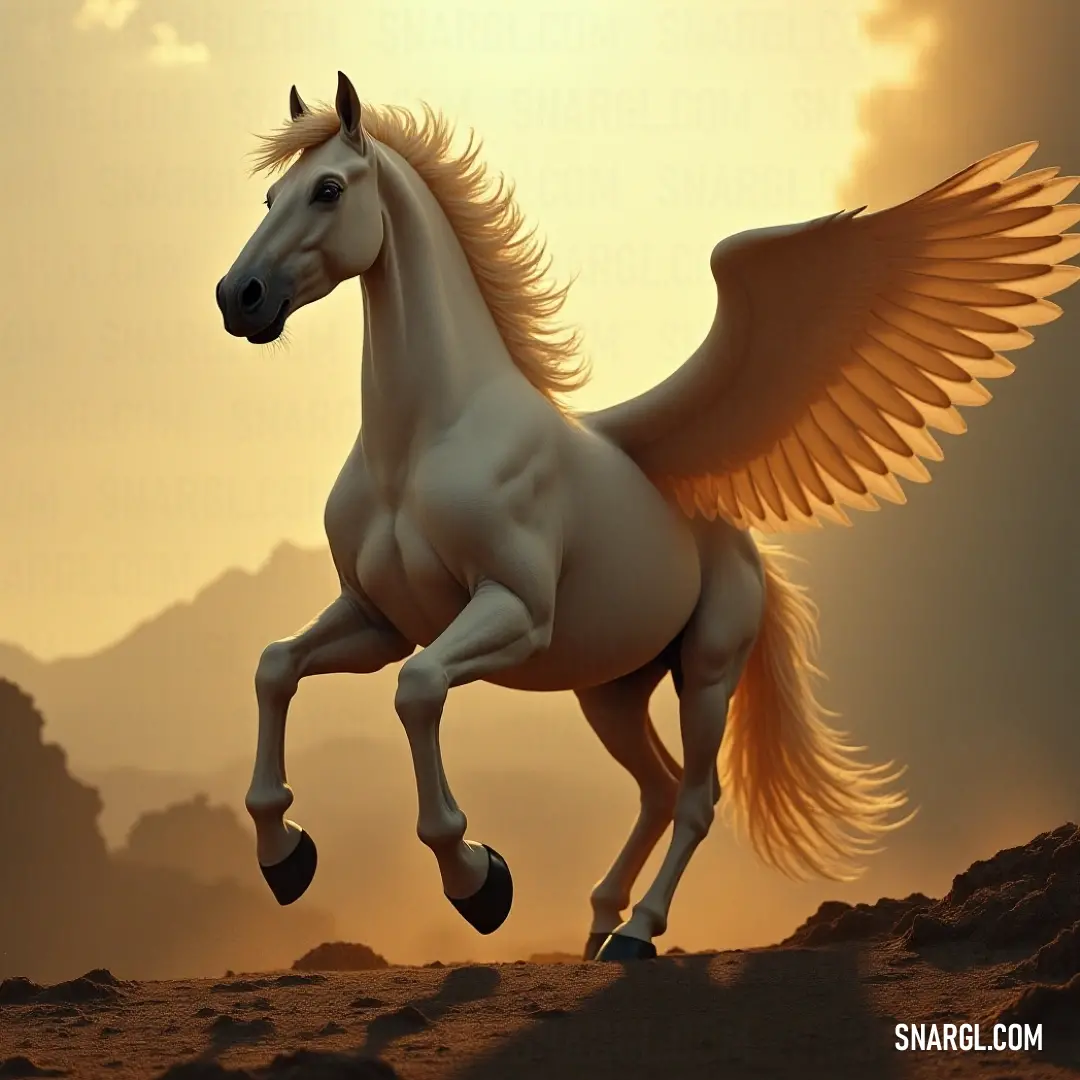 A spirited White Starshine with wings racing up a hill at dawn, framed by a stunning mountainous landscape. A stunning White Starshine with gleaming wings gallops gracefully up a sun-kissed hill, silhouetted against a picturesque backdrop of a majestic mountain, heralding the dawn or dusk's enchanting light.