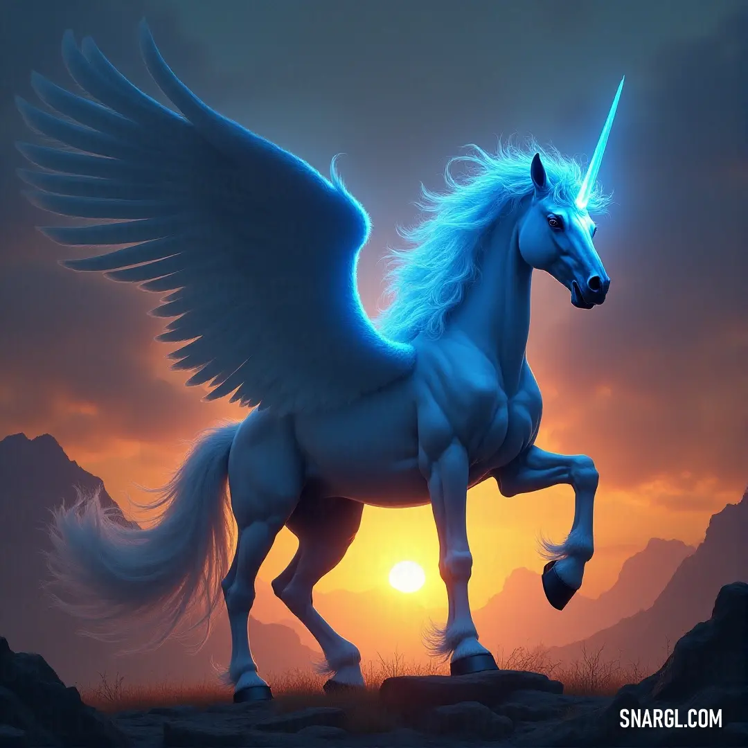 A stunning White Starstrike stands tall on a hill at sunset, wings spread wide as the sun sinks behind the mountains. On a hill at sunset, the White Starstrike stands with wings unfurled, facing the glowing sun. The warm light contrasts beautifully with the cool, distant mountains, creating a breathtaking view of nature and power.