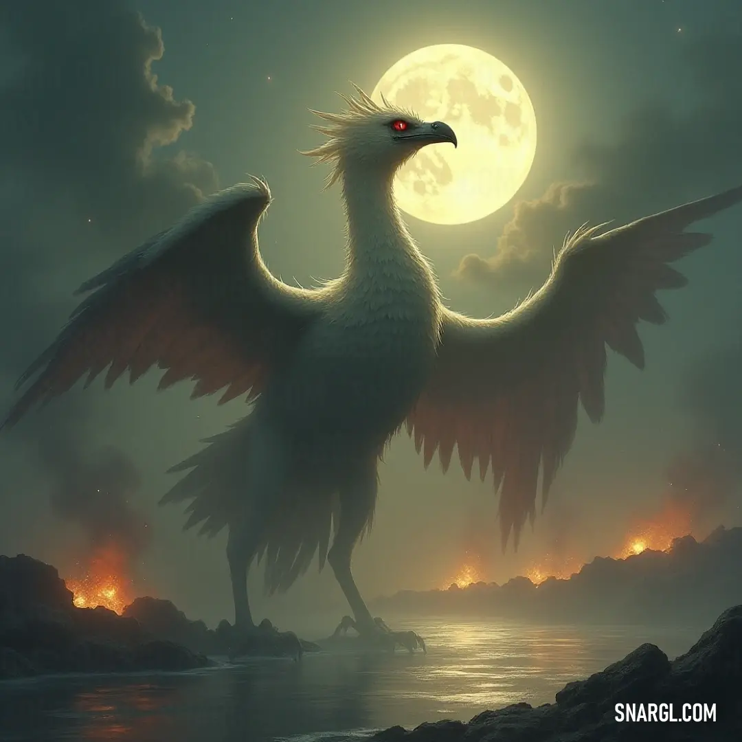 Starstrike stands on a rock, wings outstretched, with the full moon and shimmering water reflecting the creature's majesty in the quiet night. Starstrike, wings spread wide, stands on a rocky outcrop. The full moon casts a soft glow over the scene, while the calm waters below reflect the serene beauty of the night sky.