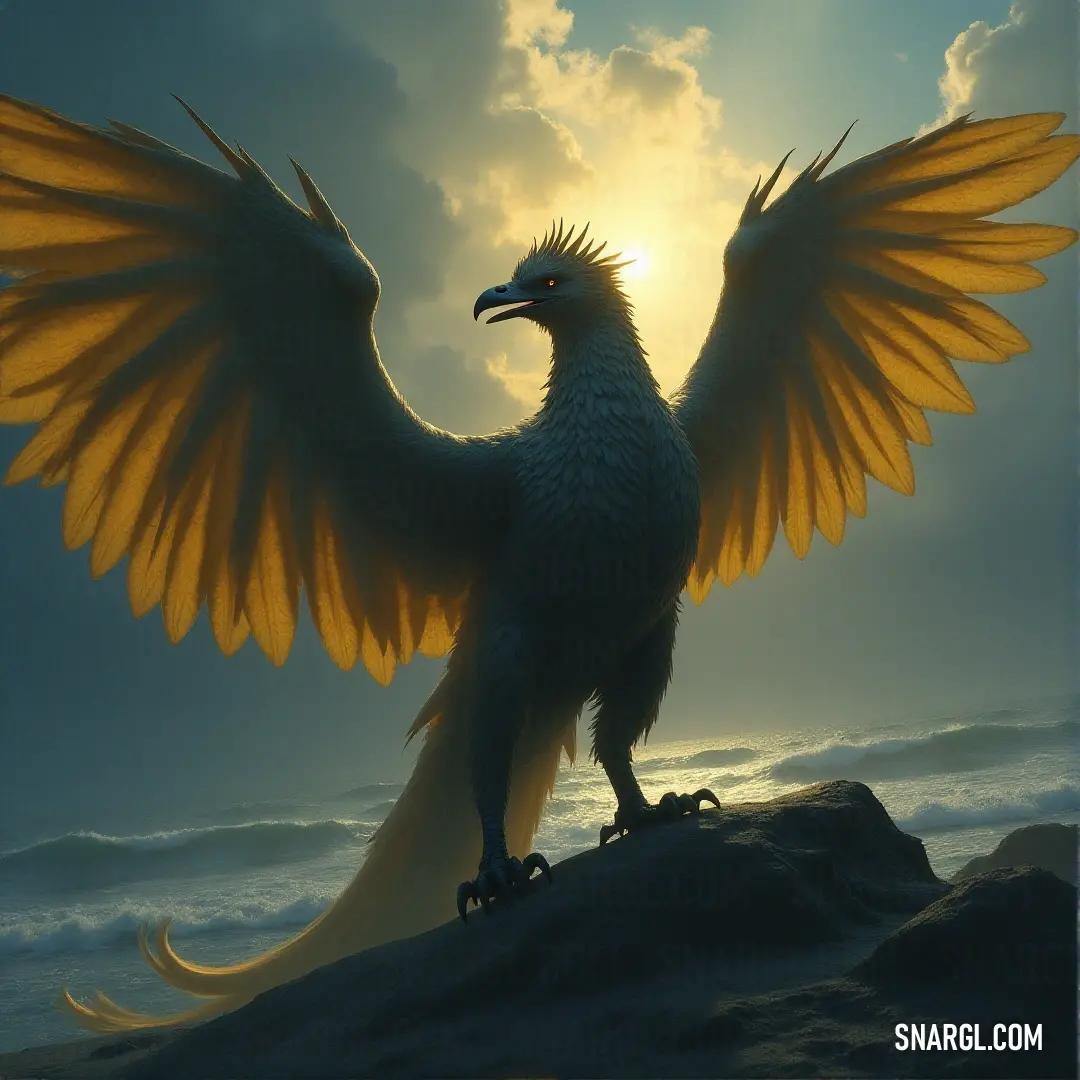 Starstrike, wings outstretched, stands strong on a rock in the ocean with the setting sun casting a golden glow behind it, and dramatic clouds fill the sky. A majestic creature, Starstrike, stands proudly on a rocky outcrop in the ocean. Its wings are spread wide, silhouetted against the golden light of the sun breaking through the clouds.
