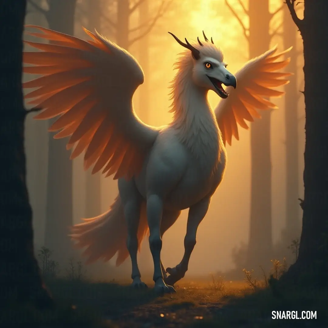 The enchanting White Starstrike, adorned with striking orange wings, soars gracefully amidst a tranquil forest at sunset, where the soft light filters through, illuminating the ethereal scene. A dazzling White Starstrike with vibrant orange wings graces a tranquil sunset forest, where the warm glow of the setting sun dances through the trees, creating a picturesque moment.