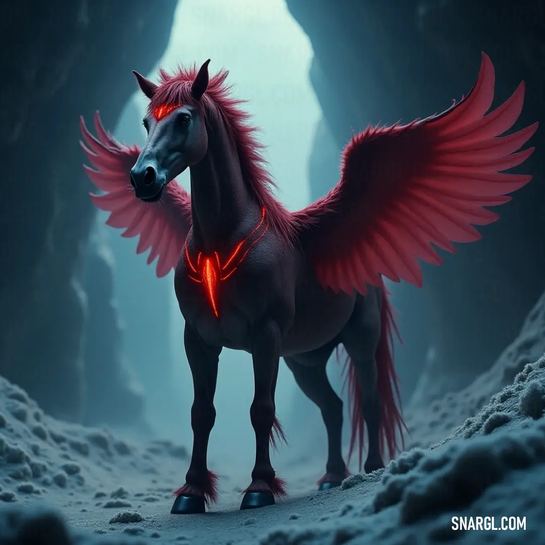 The stunning Starwind, characterized by its bright red wings, stands regal inside a softly lit cave, where the warm light accentuates its colorful features and the elegant collar enhances its exquisite and noble appearance. A striking Starwind with radiant red wings stands proudly in a cave illuminated by a warm light, highlighting the intricate details of its vibrant plumage, while a red collar adds a touch of elegance to its statuesque form.
