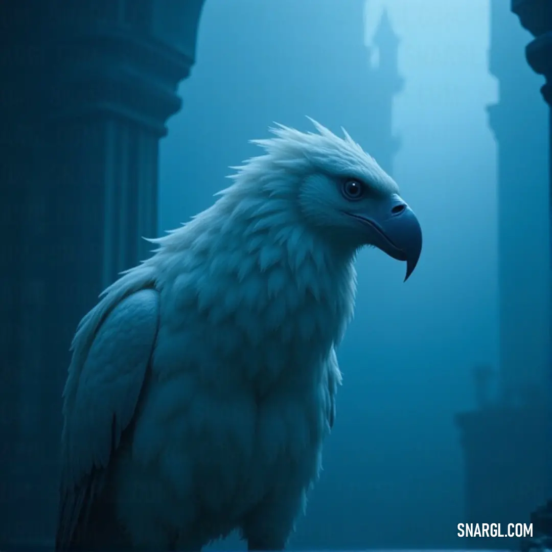 A striking white Starwing with a blue beak, standing proudly in front of a grand building with a clock tower, casting a serene and noble presence. A graceful white Starwing with a blue beak stands tall in front of an imposing building with a clock tower, its feathers gleaming in the sunlight as it overlooks the scene.