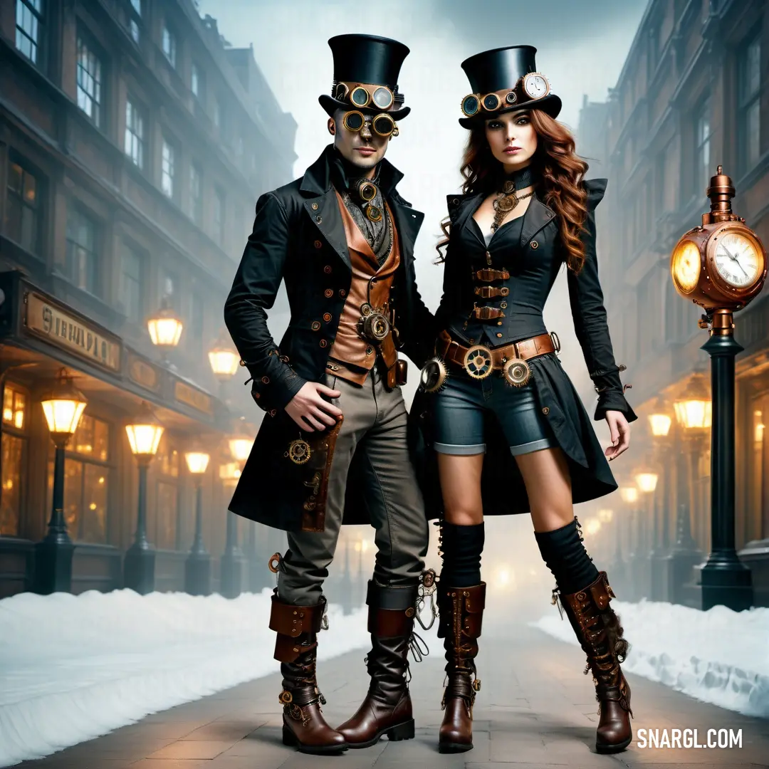 Couple of people that are standing in the snow together in costume and hats and boots with a clock