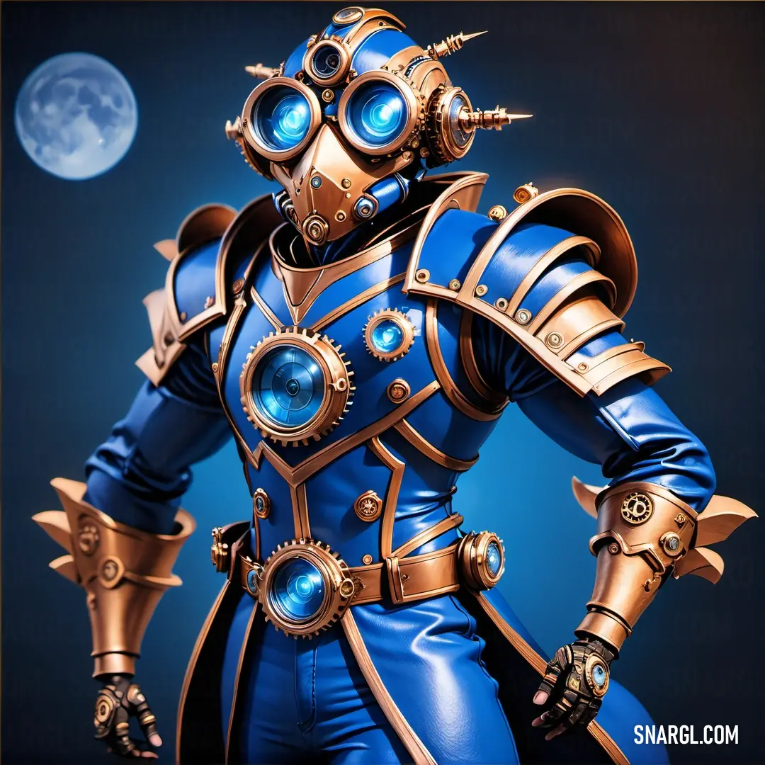 Man dressed in a blue and gold costume with a full moon in the background