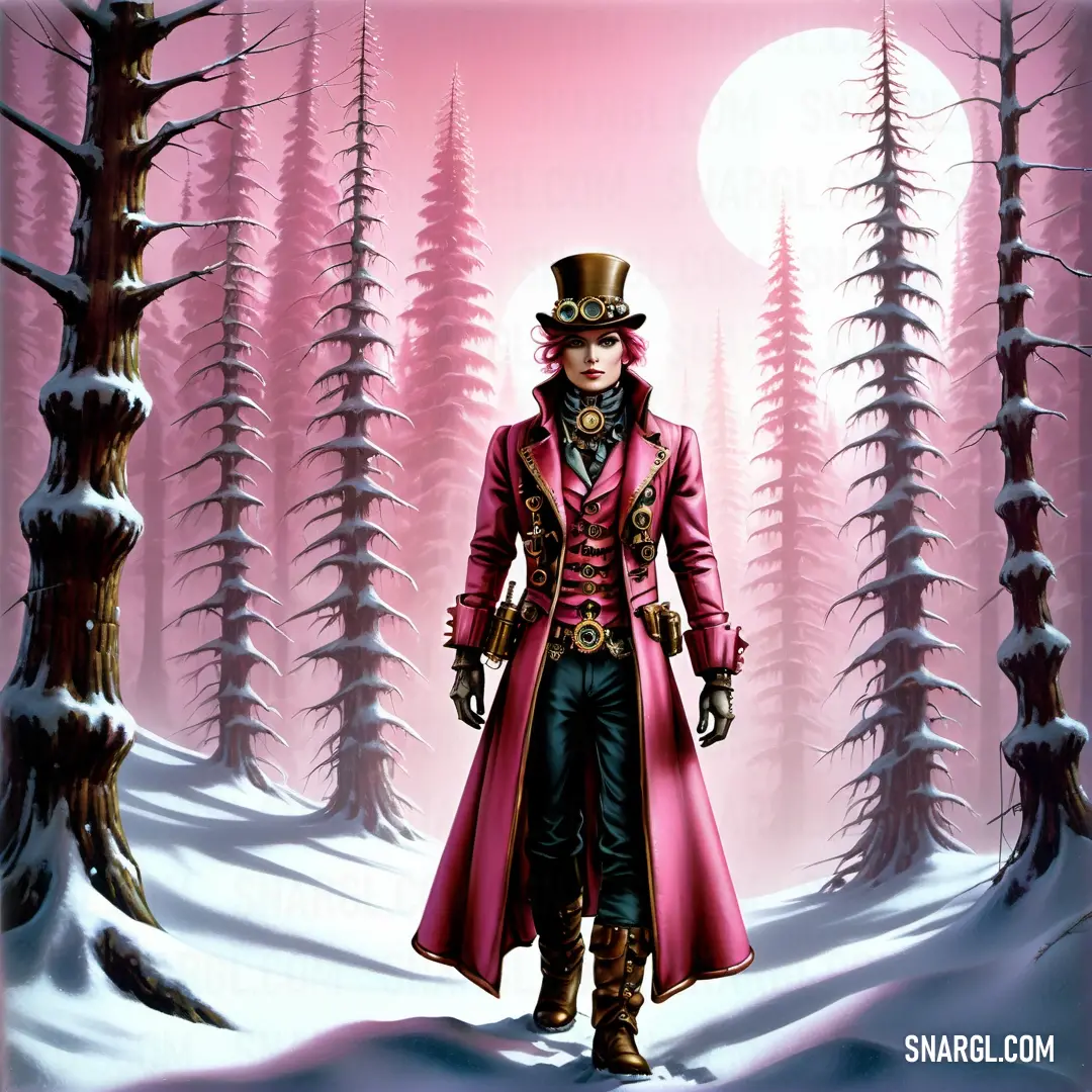 Man in a pink coat and hat standing in the snow in front of a forest with pine trees