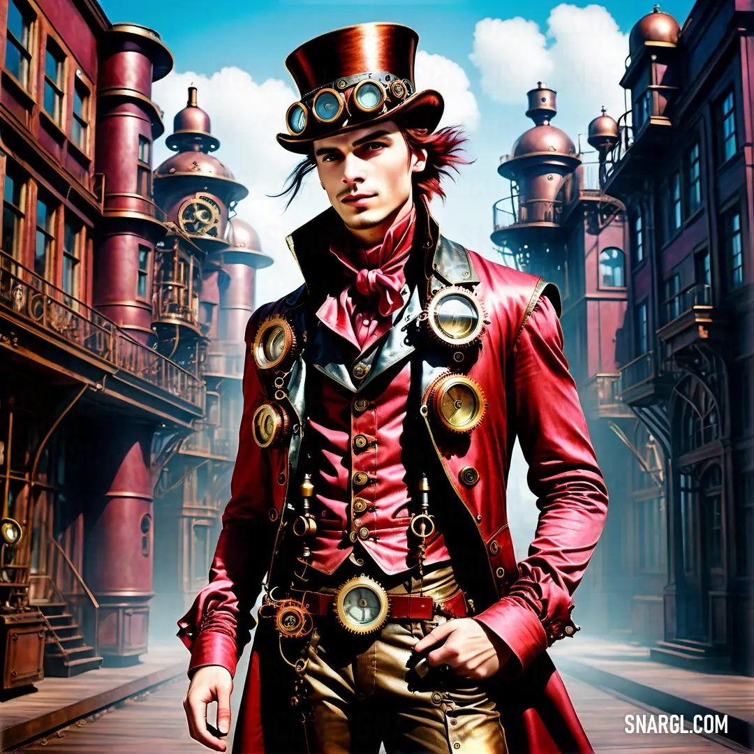 Man in a red coat and top hat standing in a street with a clock tower in the background