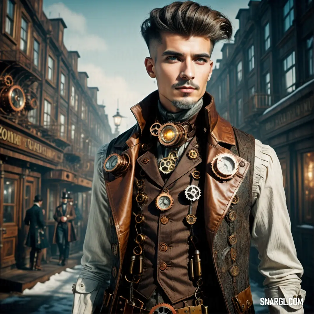 Man in a steampunk outfit standing in front of a building with a clock on it's face