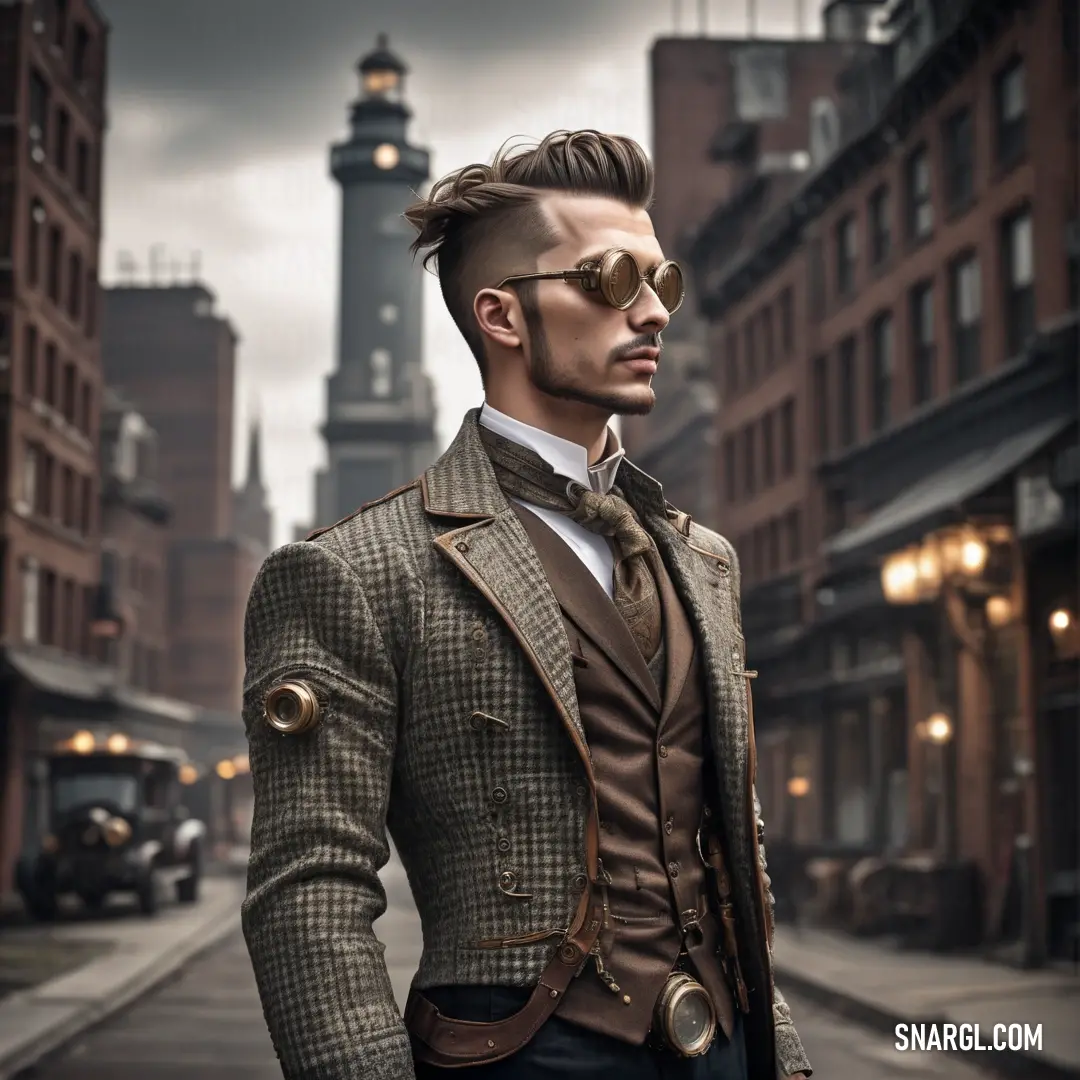 Man in a suit and tie standing on a street corner with a clock tower in the background