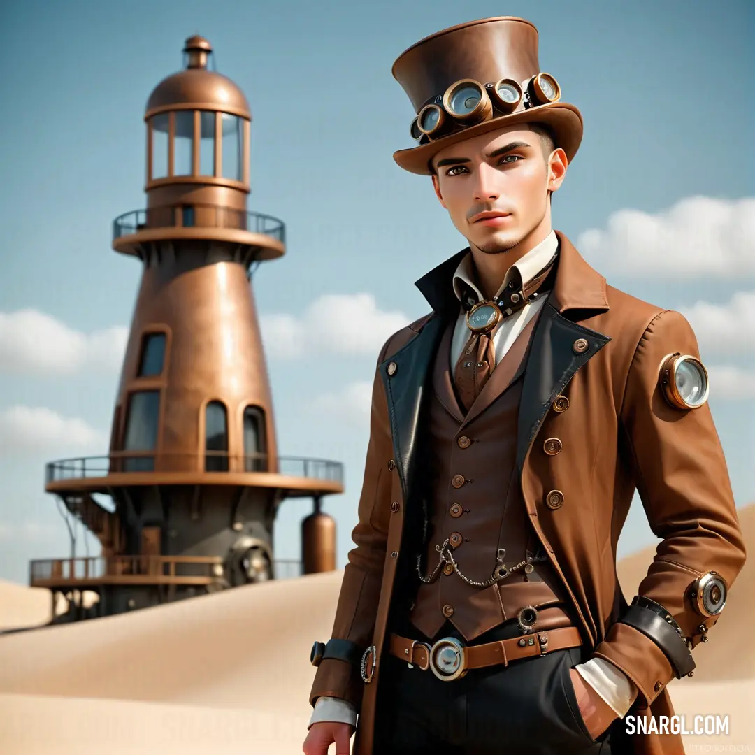 Man in a top hat and coat standing in front of a lighthouse with a clock tower in the background