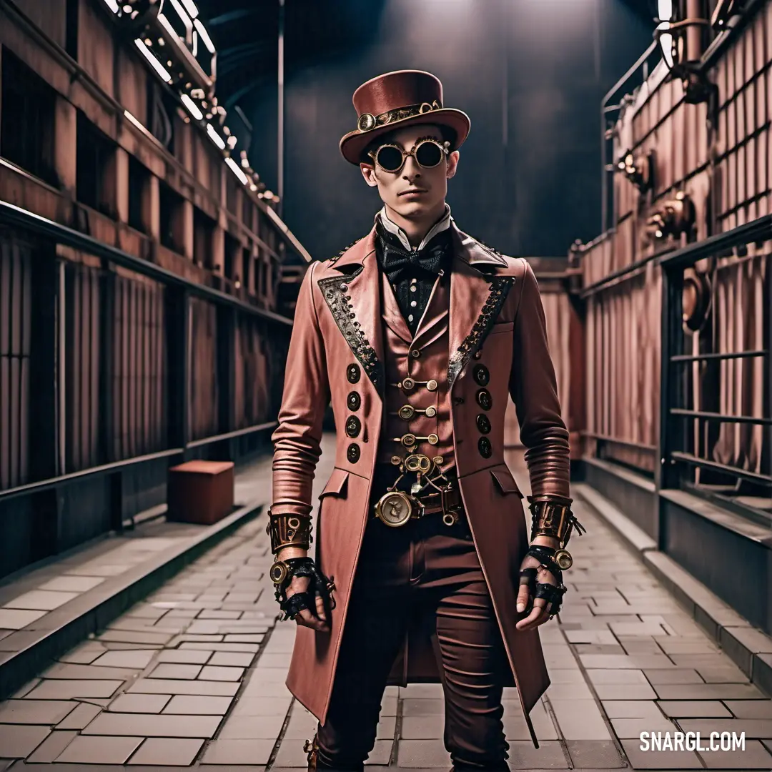 Man in a top hat and coat standing in a hallway with a light on the ceiling and a brick floor