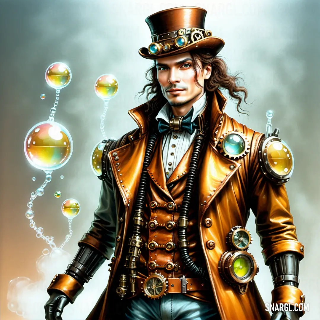 Man in a top hat and coat with bubbles in the air behind him