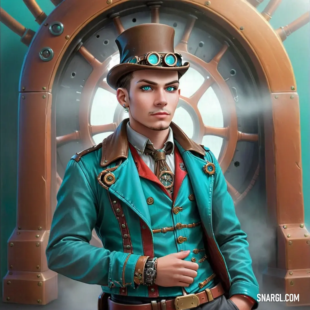 Man in a top hat and coat standing in front of a clock tower with steampunks