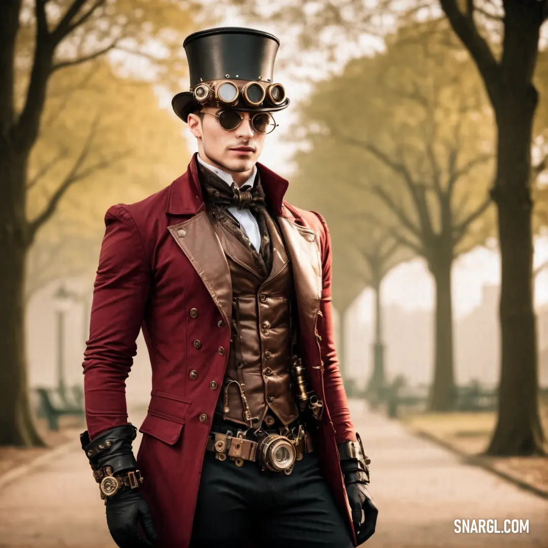 Man in a top hat and steampunk suit with goggles on his head and a red coat