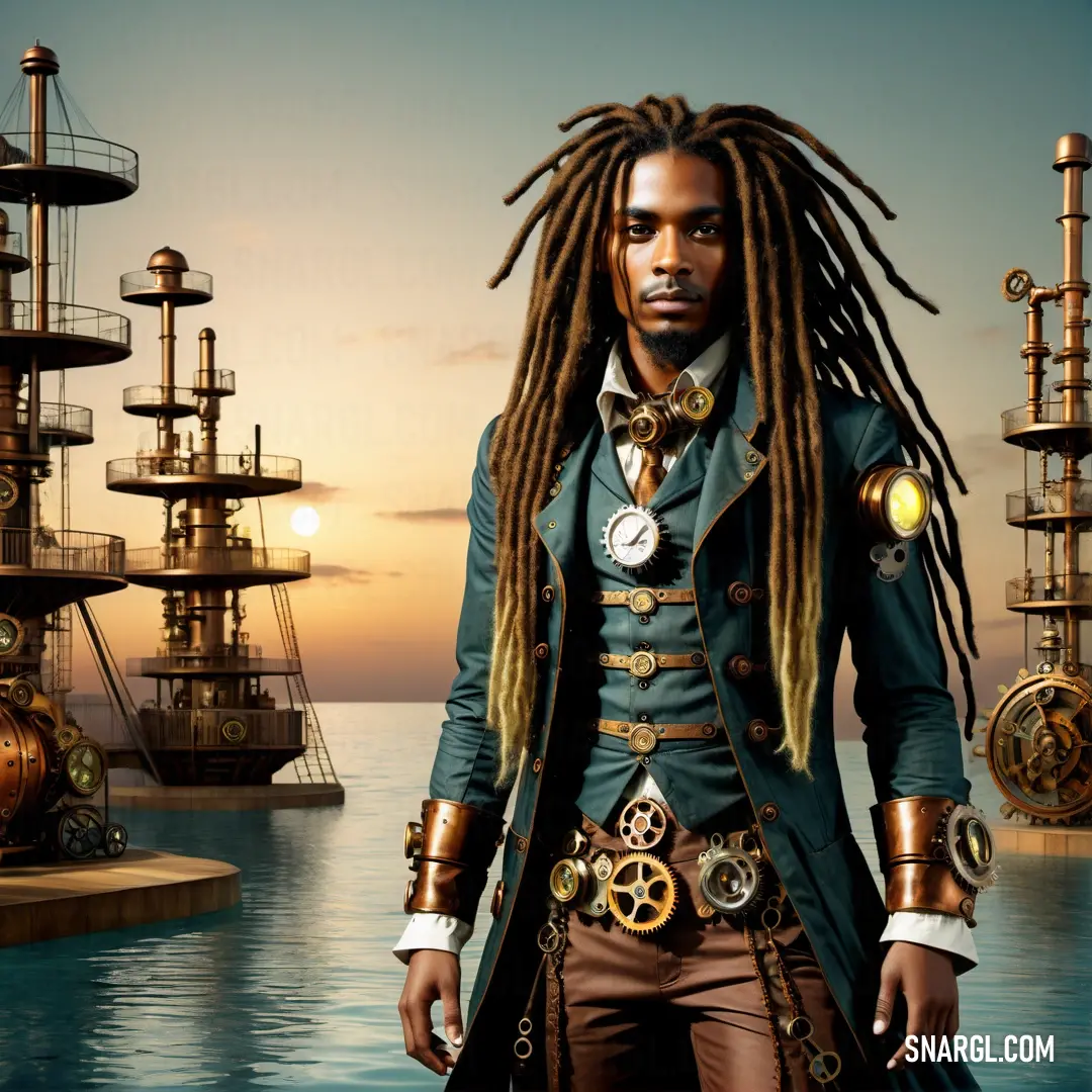 Man with dreadlocks standing in front of a ship in the ocean with a steampunk suit