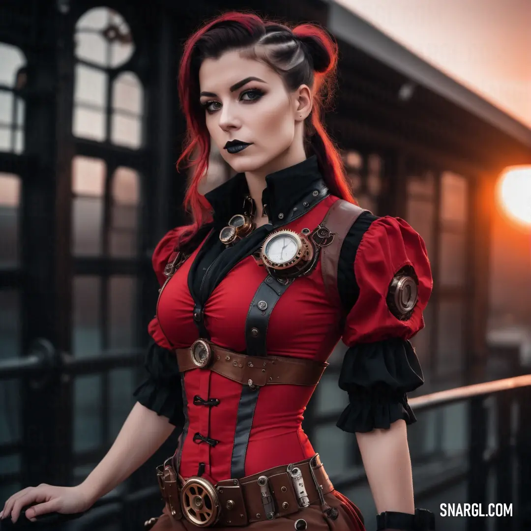 Woman dressed in a red and black outfit with a clock on her chest and a steampunky top