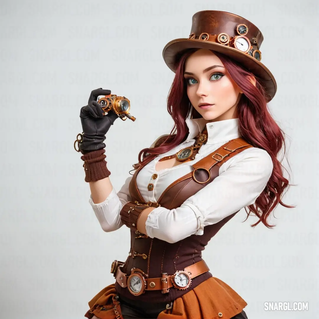 Woman dressed in a steampunk outfit holding a gun and a hat on her head and a glove on her hand