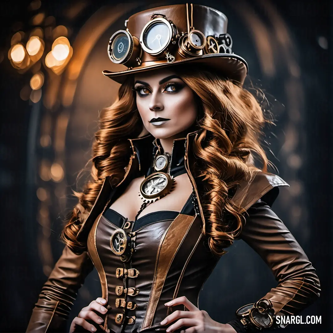 Woman dressed in a steampunk outfit and a hat with lights on it