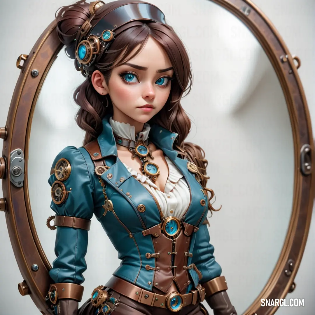 Woman in a blue and brown outfit is standing in front of a mirror with a steampunky look