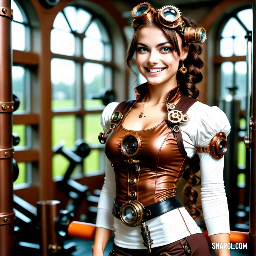Woman in a cosplay outfit posing for a picture in a gym area with a barbell