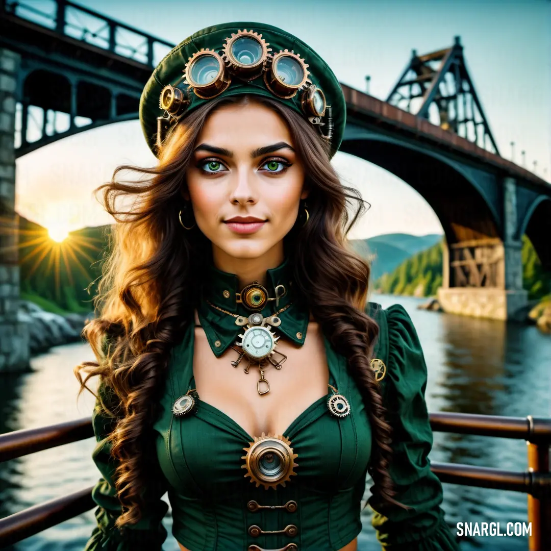 Woman in a green outfit is standing by a bridge and looking at the camera with a steampunk hat on