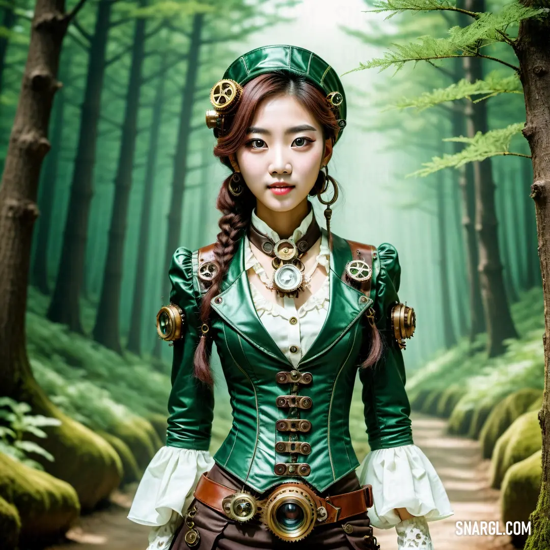 Woman in a green outfit standing in a forest with trees and grass behind her