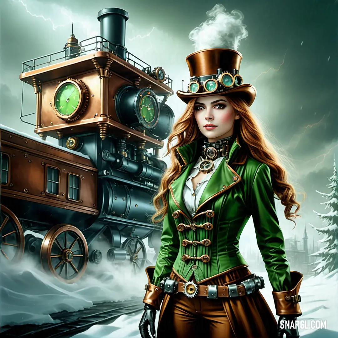 Woman in a green outfit standing next to a train with a clock on it's side