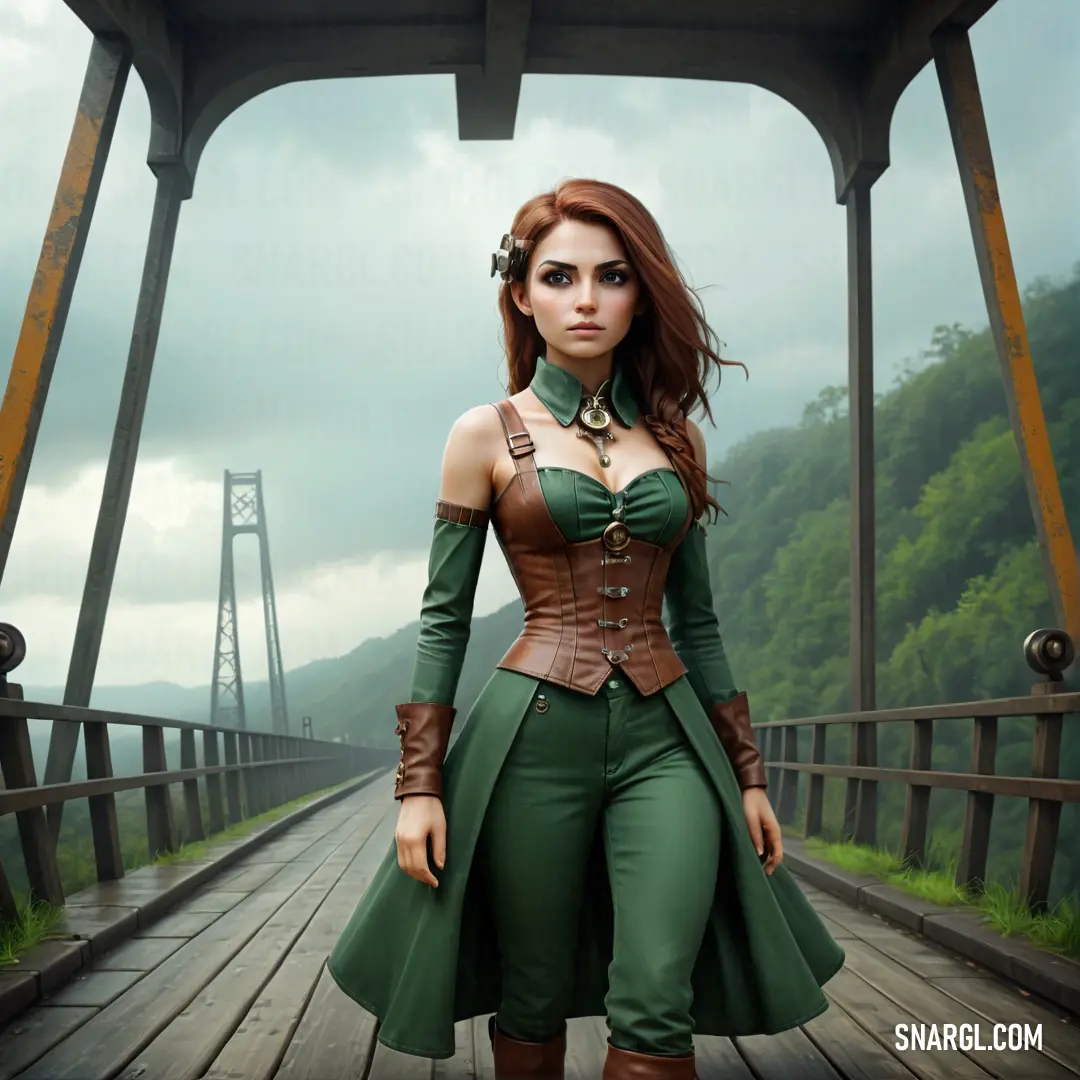 Woman in a green outfit is standing on a bridge