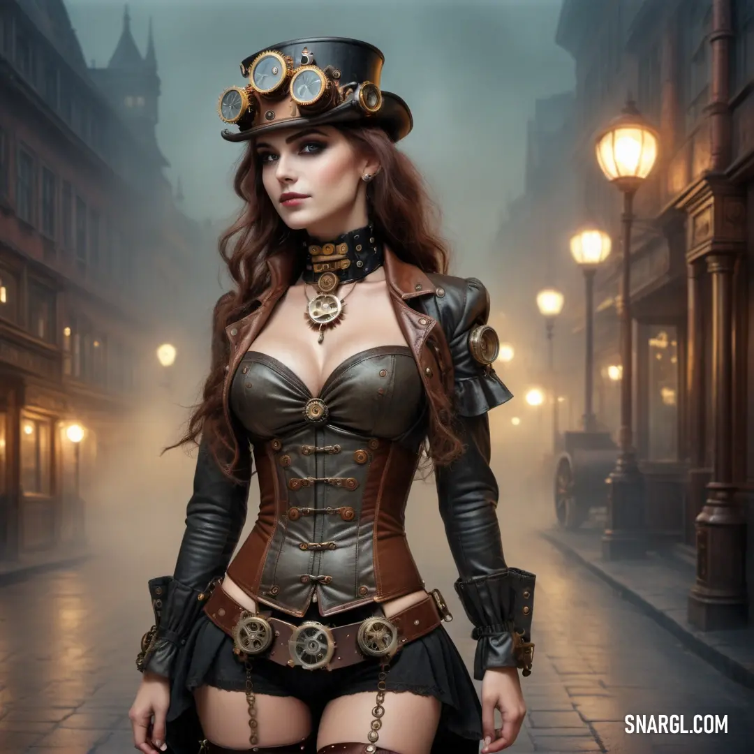 Woman in a steam punk outfit and hat is standing on a street at night with a lamp post in the background